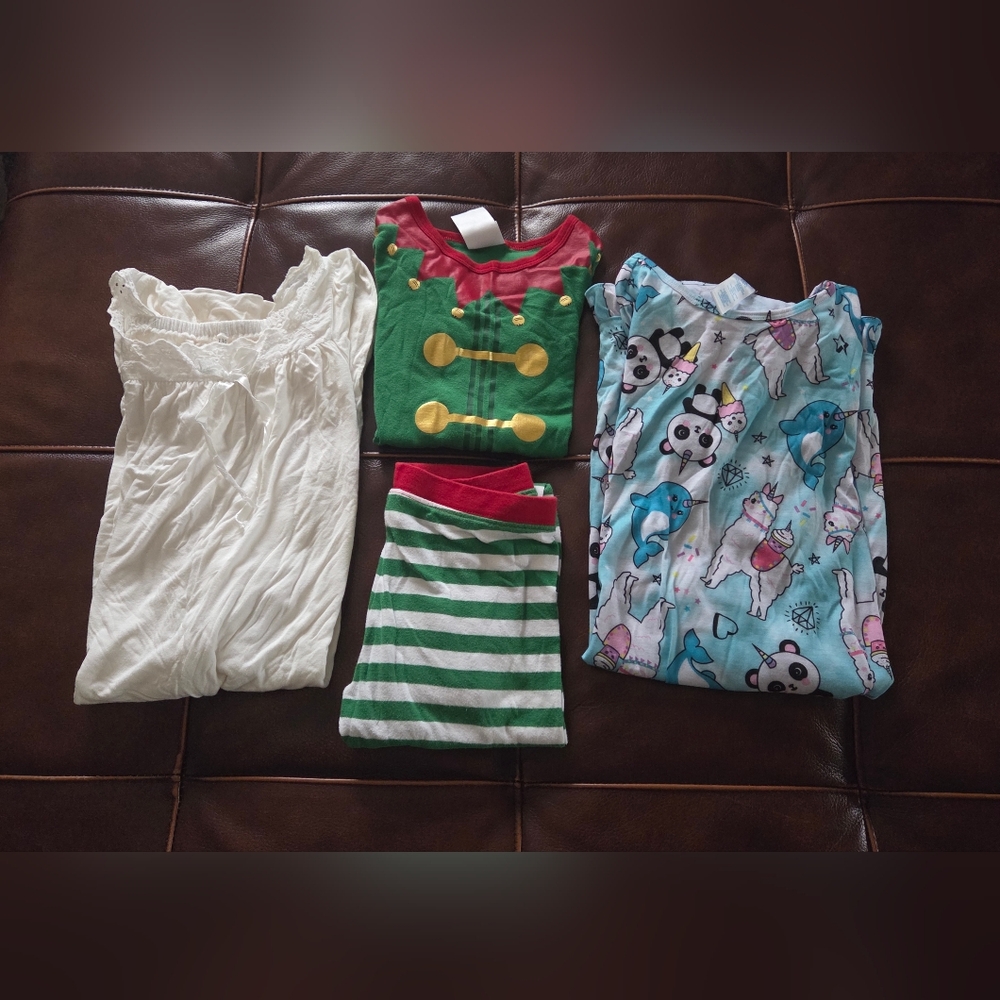 Girls Pajama Bundle - White, Green, Blue Size 10